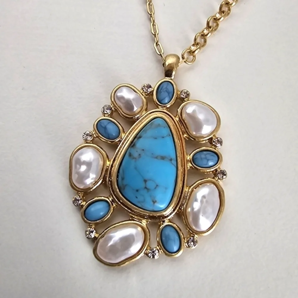 NEW Boho Turquoise Pearl Abstract Stone Embellished Pendant Necklace Set